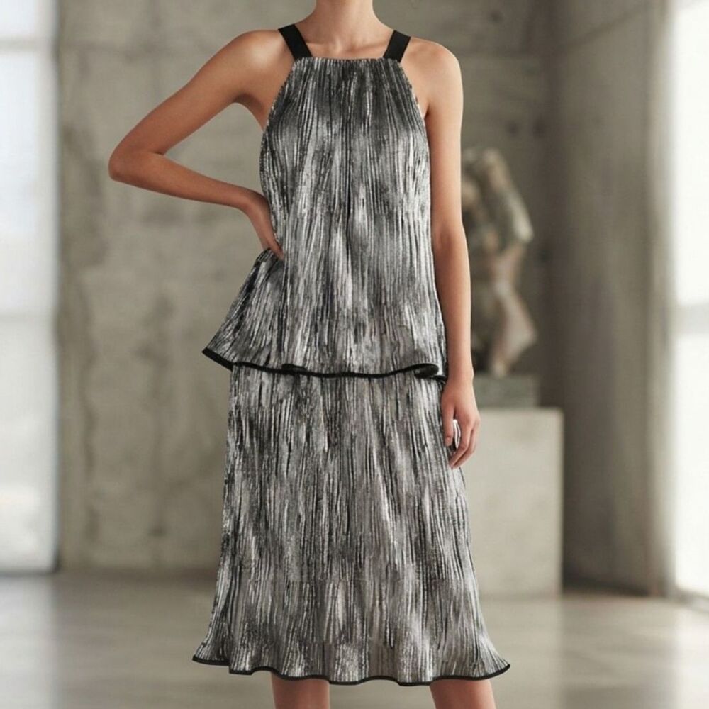 Jason Wu Silk Blend Metallic Midi Dress $2,995 Silver Black Size 2 NWT